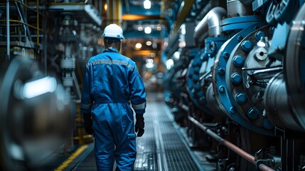 A marine engineer in a blue overalls and safety helmet inspects the interior of a massive cargo ship's engine room. highlighting the intricate machinery and piping systems.