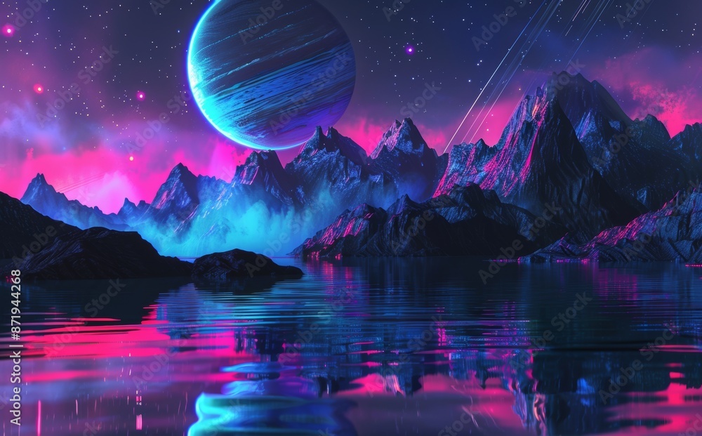 Poster the futuristic space sci-fi backdrop features a planet, neon light and a cold planet in a futuristic