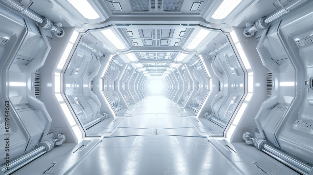 Poster the interior of a spaceship or a science lab, a 3d rendering of a sci-fi corridor in white.