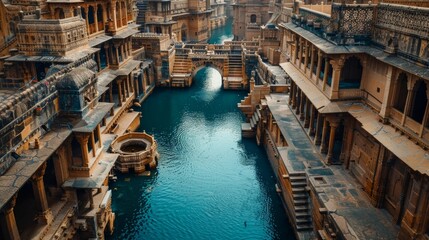 Historical ancient city with grand wells, blue water, intricate stone details, vibrant history, timeless and majestic