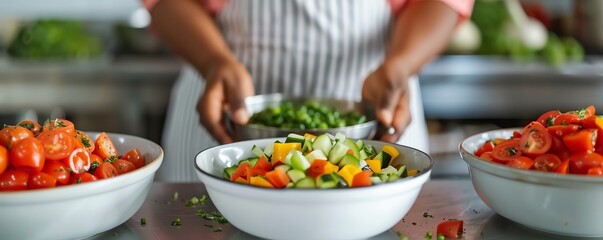 Closeup of a chef preparing a salad with fresh ingredients.