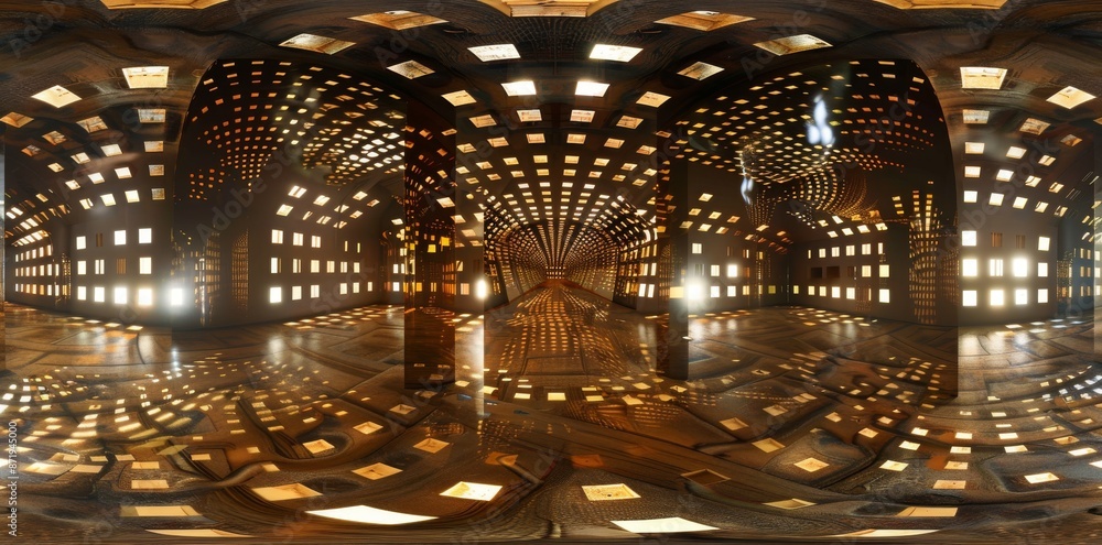 Aufkleber an interactive 360 degree full panorama of a futuristic architecture studio with bright led lights a