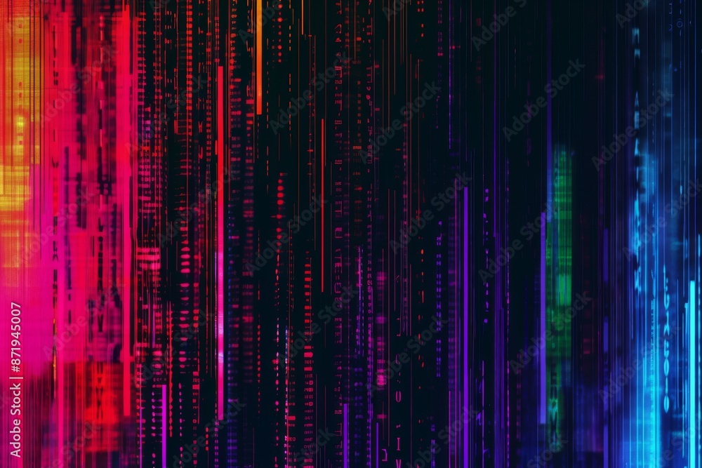 Poster the background is an abstract blue, green and pink design with interlaced digital distortions, creat