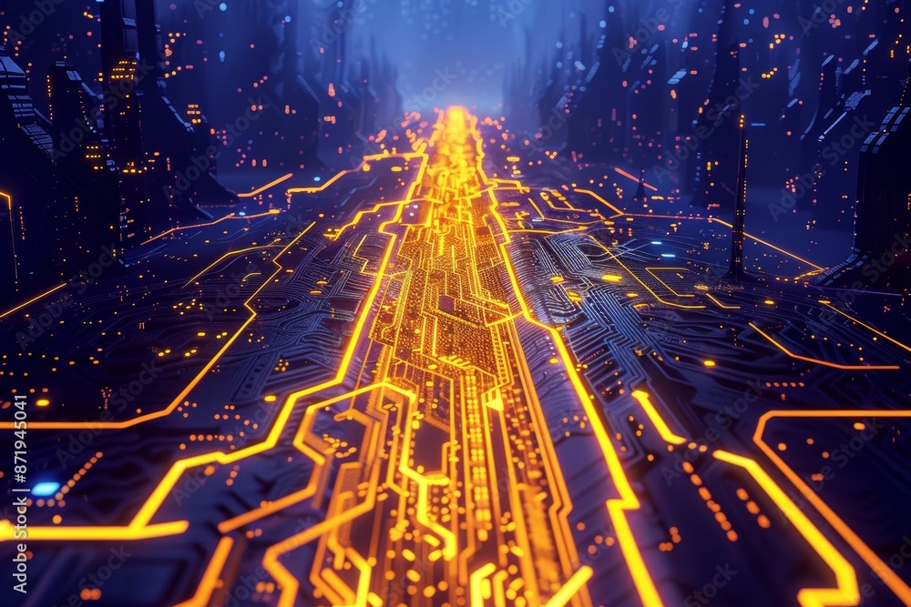 Poster a robotic or cyber armor model with neon yellow lines. close-up of mining equipment for bitcoin and 