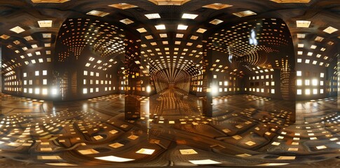 Obraz premium An interactive 360 degree full panorama of a futuristic architecture studio with bright led lights and cubic walls. It's an illustration in 3D with high definition stereo vision and VR.