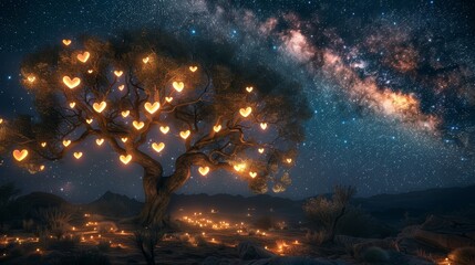 Illuminated hearts on a fantasy tree, nighttime desert setting, magical atmosphere, sparkling starry sky, intricate and enchanting