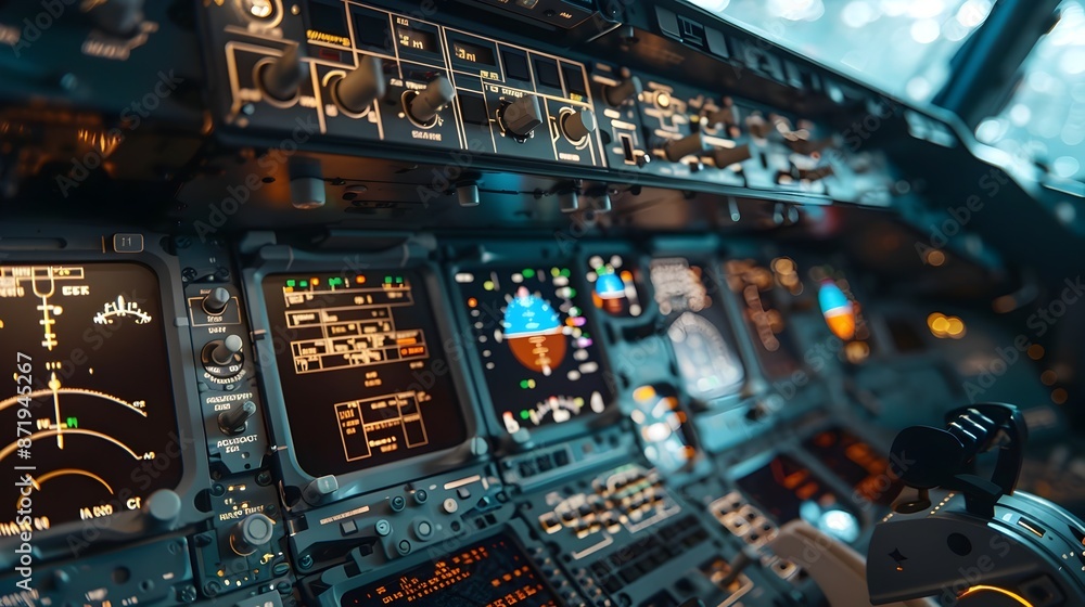 Poster futuristic flight control systems with digital interface for advanced aviation engineering