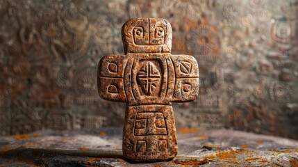 Inca Cross Stone, richly detailed, highlighting its cultural importance, intricate carvings, surrounded by ancient symbols, vibrant and historical