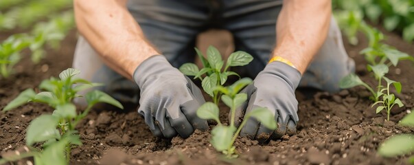 Naklejka premium Closeup of hands planting a seedling in soil.