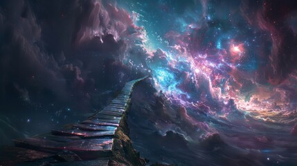 Infinite bridge spanning across a cosmic void, connecting unseen worlds, detailed structure, ethereal and otherworldly ambiance