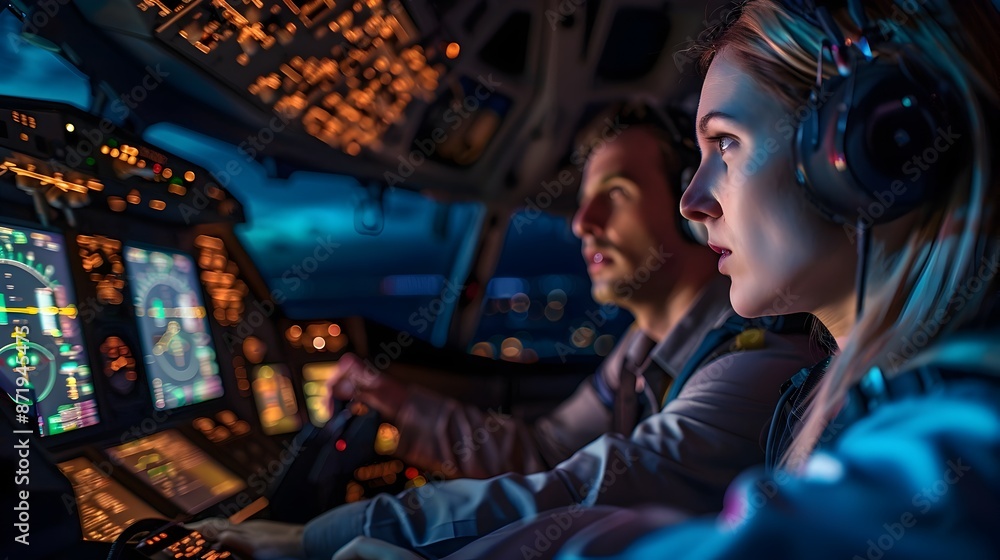 Aufkleber engineers examining flight data on digital dashboards and displays