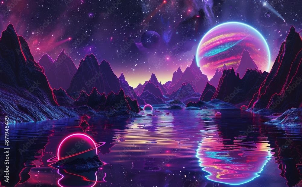 Poster futuristic sci-fi abstract background with nebulas and stars. 3d rendering of futuristic sci-fi land