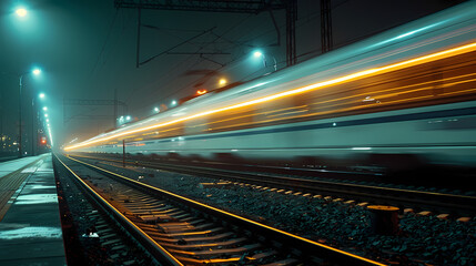Obraz premium a train moving at night, with light trail