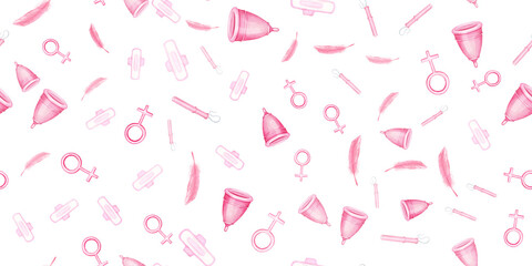 Menstrual cup, seamless design, endless print. Women's panty liners, eco, feathers. Watercolor illustration, endless print.