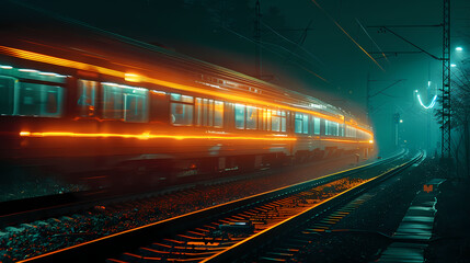 Naklejka premium a train moving at night, with light trail