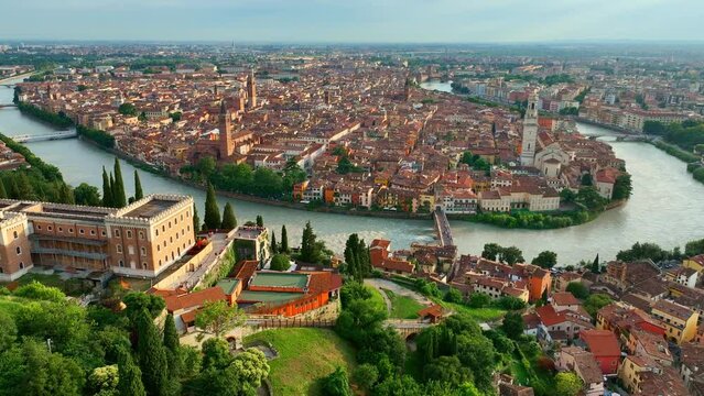 Verona old town, Renaissance Italian city of Romeo and Juliette, aerial view of Verona at sunset, tourism in Italy