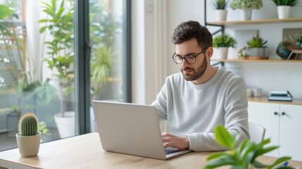 A man sits at a table in his home office, working on a laptop computer