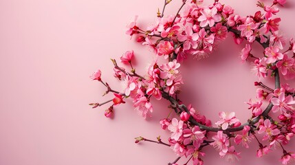 Fototapeta premium A pink wreath of cherry blossoms on a pink background in a flat lay top view style. This stock photo is award winning copy space.