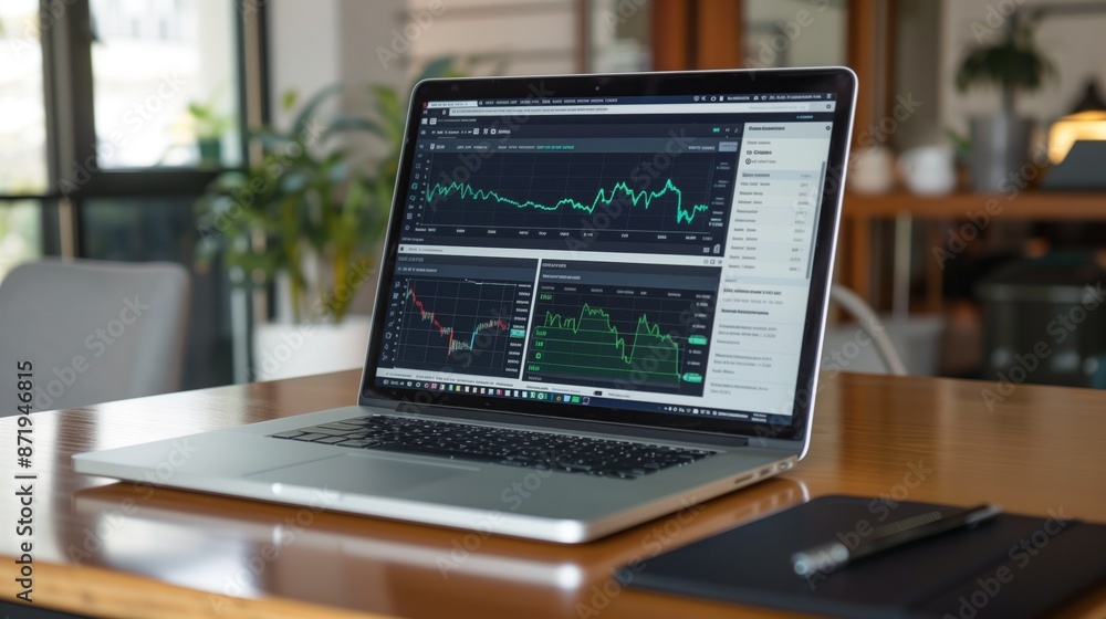 Leinwandbilder a laptop computer is open on a wooden desk, displaying a stock market chart with fluctuating lines.