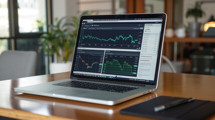 A laptop computer is open on a wooden desk, displaying a stock market chart with fluctuating lines.