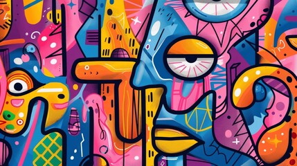 Colorful abstract street art mural with intricate designs and vibrant patterns, showcasing modern urban graffiti culture.