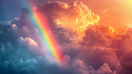 Fototapeta premium A rainbow emerging from the clouds, casting vibrant colors across an expansive sky. The clouds are fluffy and delicate, with shades of orange and pink against a deep blue background.