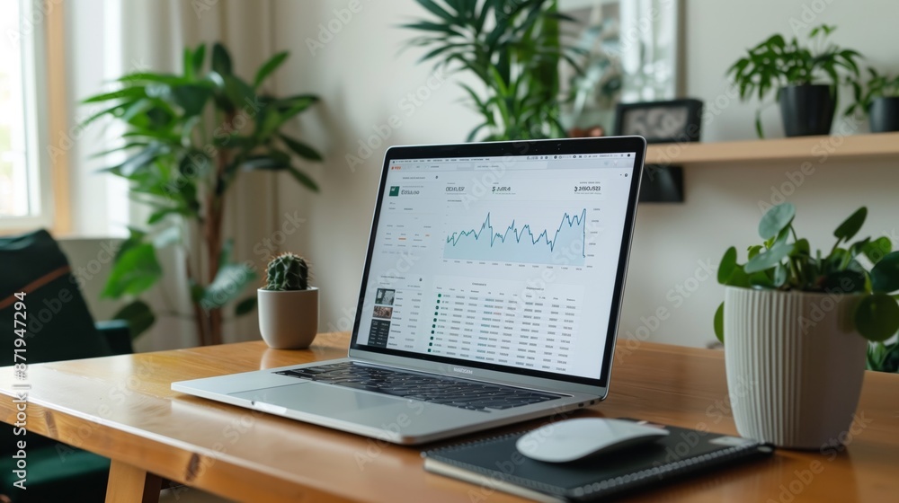 Aufkleber A close-up view of a laptop displaying a data analysis chart on a desk in a home office setting. Surrounding the laptop are potted plants and other office supplies.