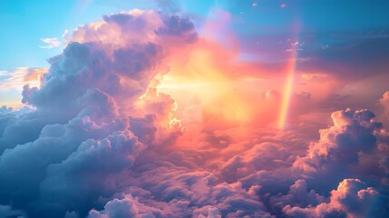 A rainbow emerging from the clouds, casting vibrant colors across an expansive sky. The clouds are fluffy and delicate, with shades of orange and pink against a deep blue background.