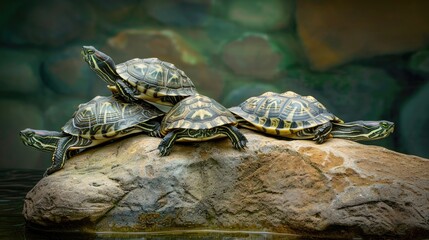 Naklejka premium Two red-eared sliders are resting on a rock in a pond, with lily pads visible in the background