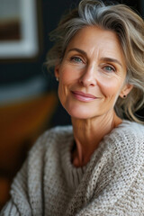 Portrait of beautiful elderly woman in knitted sweater in cozy home environment. Natural beauty. Woman looks good. Proper facial skin care. Healthy eating.