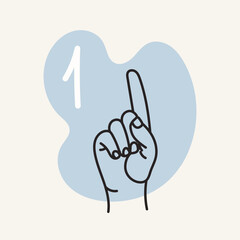 Gestures for the deaf, number 1. English fingerspelling. Hand drawn vector ilustranion. 
