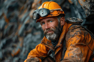 Obraz premium Miner, face obscured, dons orange safety helmet and denim attire, hinting at days hard labor