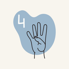Gestures for the deaf, number 4. English fingerspelling. Hand drawn vector ilustranion. 