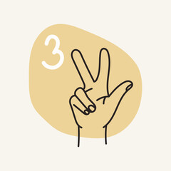 Gestures for the deaf, number 3. English fingerspelling. Hand drawn vector ilustranion. 