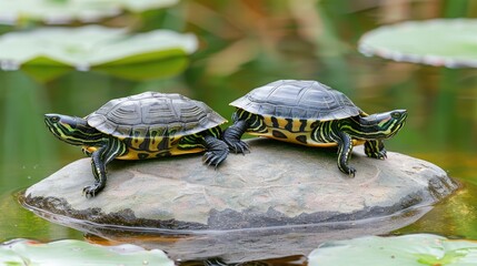 Obraz premium Two red-eared sliders are resting on a rock in a pond, with lily pads visible in the background.