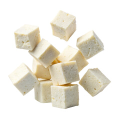 floating paneer cubes isolated on transparent background