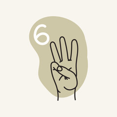 Gestures for the deaf, number 6. English fingerspelling. Hand drawn vector ilustranion. 