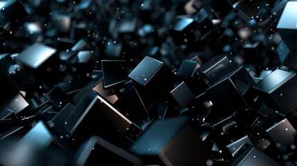 Obraz premium A chaotic pile of black 3D-rendered cubes with a deep focus and dispersed arrangement, portraying complexity