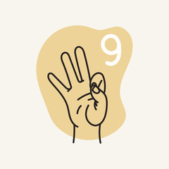 Gestures for the deaf, number 9. English fingerspelling. Hand drawn vector ilustranion. 