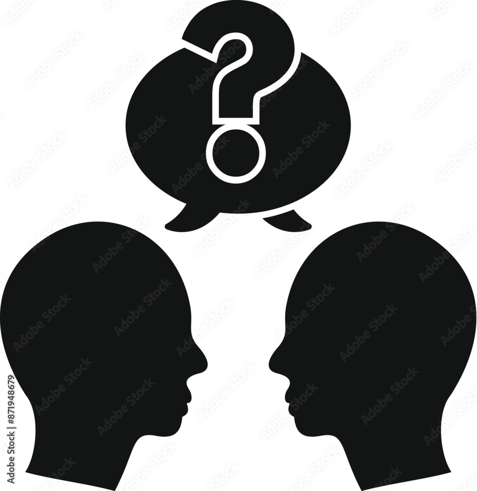 Poster two people are thinking about a solution to a problem with a question mark