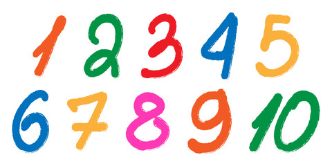 A set of colorful numbers on a white aphid. Numbers with a pencil texture for children. Vector graphics