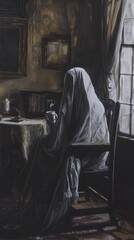 Fototapeta premium Cute sheet ghost drink hot coffee at cozy home living room. Art illustration. Spooky spirit enjoy tea cup. Funny friendly monster.
