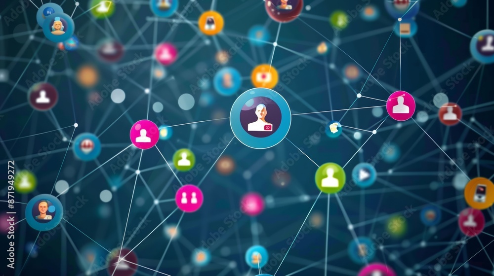 Poster An abstract illustration showing colorful icons of people connected by lines in a web-like formation. The background is dark blue.