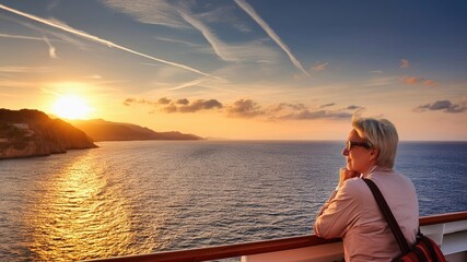 Fototapeta premium Middle-aged Woman watching the Mediterranean Sea from the ferry to Corse at sunset.