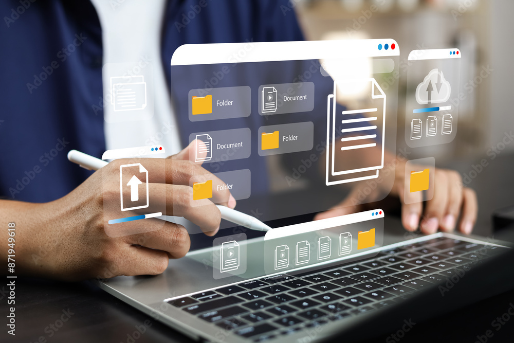 Leinwandbilder Document management system concept (DMS), Businessman working laptop virtual screen icons folder and document management system, Software for archiving, Searching and managing files corporate document