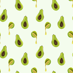 Seamless background of avocado oil in a bowl and ripe avocado. Avocado, avocado oil. Hand drawn avocado butter follows the doodle style background. Design for printing on fabrics