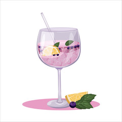 Summer cocktail isolated vector. Refreshing drink with lemons, blueberries and mint in a glass. Beach holidays, summer vacation, party, cafe-bar.