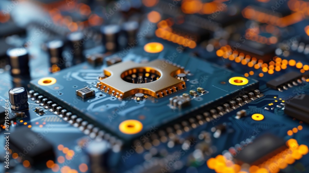 Poster a close-up photo of a gold microchip, showcasing its intricate design, set against a blue circuit bo
