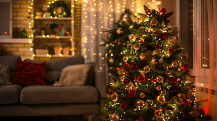 Elegant Christmas tree with gold and red ornaments in living room
