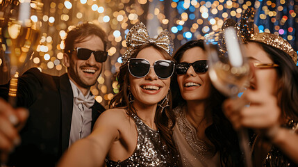 New Year's Eve photo booth with fun props and glittery backdrop